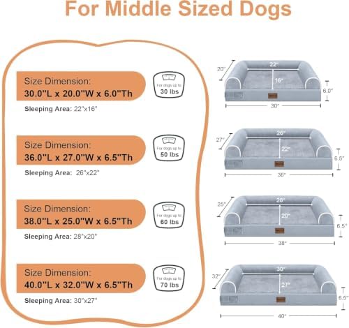 NANUYA Orthopedic Dog Bed for Large Dogs, 38 x 25 Inch, Light Grey