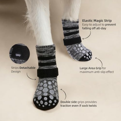 PUPTECK Anti-Slip Dog Socks with Double Sides for Small Medium Large Dogs Hardwood Floors Prevents Licking, Dog Shoes for Hot Pavement Traction Control Paw Protector for Senior Dogs, Striped Black XS
