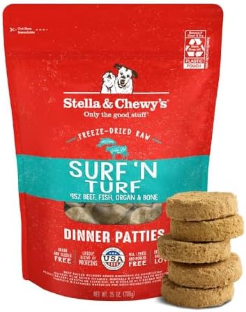 Stella & Chewy's Freeze-Dried Raw Dinner Patties - Surf 'N Turf Salmon & Beef Recipe - High Protein Grain-Free Puppy & Dog Food - Perfect For Picky Eaters - 25 oz