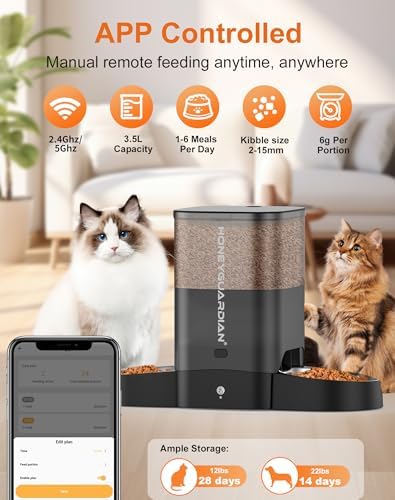 HoneyGuaridan Automatic Cat Feeder for 2 Cats, 2.4/5G WiFi Smart Feed Pet Feeder with Stainless Steel Bowl,APP Control Dispenser, Dual Power Supply,Desiccant Bag,10s Meal Call Black