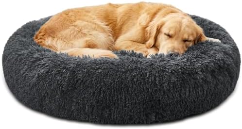 JOLLYVOGUE Calming Washable Dog Beds Large Sized Dog, 36Inch Donut Large Dog Bed with Removable Cover, Anti-Slip Round Fluffy Faux Fur Bed, Fits up to 80 lbs Pets, Dark Grey