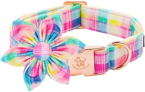 Elegant little tail Dog Collar with Flower, Spring Plaid Girl Pet Collars for Female Dogs Floral Pet Adjustable Puppy Collars with Flowers for Small Medium Large Dogs