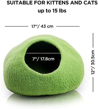 Woolygon Premium Felt Cat Cave Bed – Wool Kitty Beds Handcrafted Kitten Caves Bed for Indoor Cats - Made from Merino Wool, Foldable Cat Hideaway Covered Cat House Pod (Green Plain)