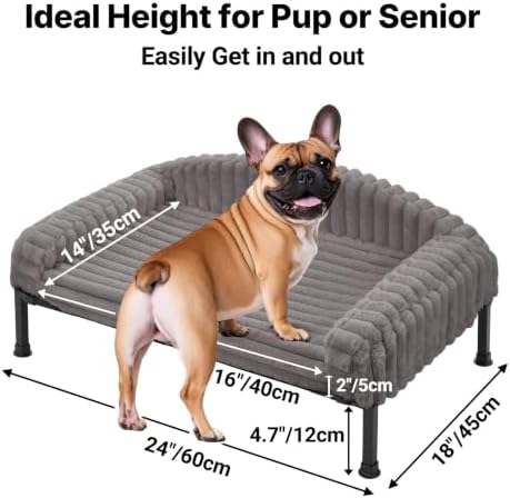 Veehoo Elevated Dog Bed with Bolster Cushion, Fluffy Plush Dog Couch Beds for Small Dogs, Cats, Washable Raised Pet Cot with Non-Slip Feet for Indoor or Patios Use, 24 x 18 Inches, Grey