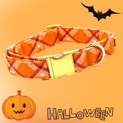 Dog Collars, Fall Dog Collar Orange Plaid Print Pet Collar Durable Metal Collar Cute Girl Boy Dog Collars Adjustable Dog Collar for Large Dogs