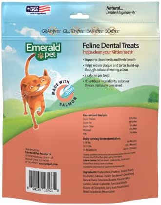 Emerald Pet Grain Free Cat Dental Treats – Crunchy Salmon Cat Treats to Clean Teeth, Reduce Plaque & Tartar, and Freshen Breath – Natural Feline Dental Care, 32 oz