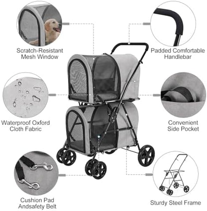 Double Pet Stroller for 2 Cats or 2 Dogs with Detachable Carriers