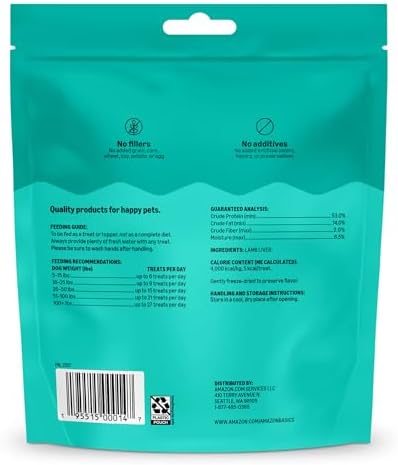Amazon Basics Freeze-Dried Raw Single Ingredient Dog Treats, Lamb Liver, High Protein, Healthy Training Treats or Meal Topper for All Dogs, Grain-Free, 3.3oz (Previously Wag) (Pack of 2)