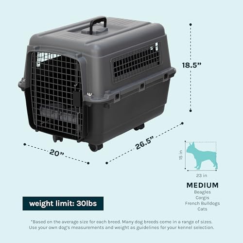 SportPet Airline Compliant MEDIUM 26.5" Travel Dog Kennel-Durable Plastic Airline Pet Carrier w/ Removable Wheels & Food Bowls, Collapsible Indoor/Outdoor Dog Kennel, Dogs up to 23"L & 15"H-Dark Gray
