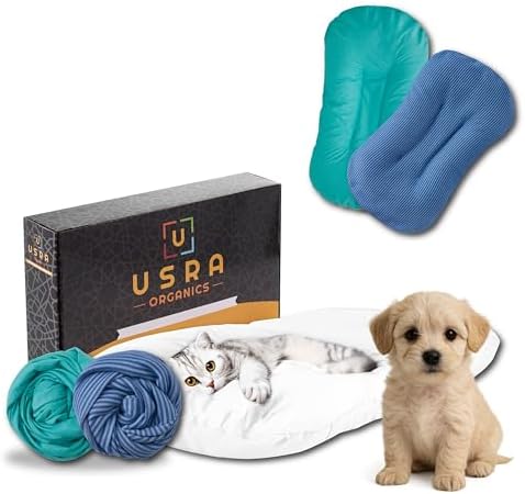 USRA 100% Cotton Orthopedic Pet Bed Gift Set with 2 Covers 28"x20" Dog Cat Recovery Pillow Hypoallergenic Natural Oeko-TEX Certified Comfy Kennel Pillow - Green Blue Colors