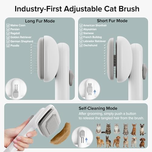 Cat Brush for Shedding, Industry-First Adjustable Cat Brushes for Indoor Cats, Self-Cleaning Slicker brush, 264 Skin-Friendly Needles for Long or Short Haired Dogs, Perfect for Deshedding & Massaging