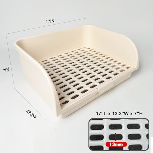 Rabbit Litter Box for Cage with Grate, Large Rabbit Litter Pan for Bunny, Ferret, Guinea Pig, Chinchilla, Easy Clean Small Animal Potty Tray for Toilet Training (Cream)