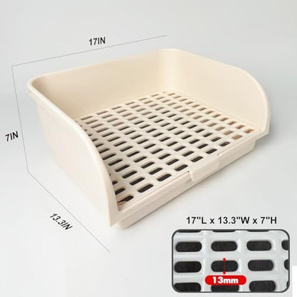 Rabbit Litter Box for Cage with Grate, Large Rabbit Litter Pan for Bunny, Ferret, Guinea Pig, Chinchilla, Easy Clean Small Animal Potty Tray for Toilet Training (Cream)