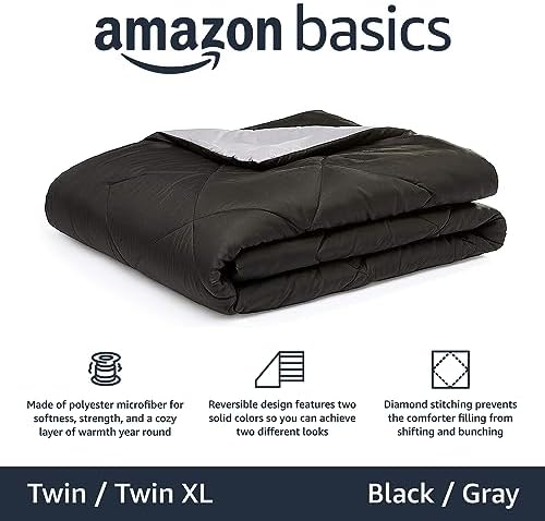 Amazon Basics Comforter Blanket, Reversible, Lightweight Microfiber, All Season, Soft Plush, Machine Washable, Twin/Twin XL, Black/Grey