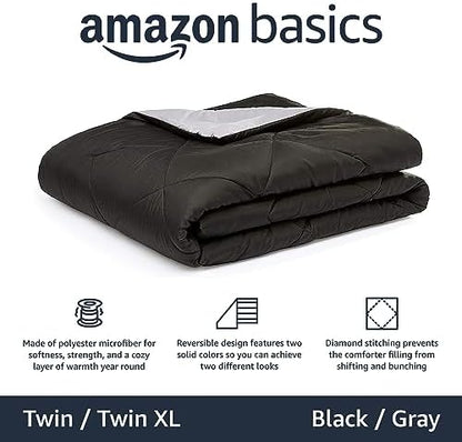 Amazon Basics Comforter Blanket, Reversible, Lightweight Microfiber, All Season, Soft Plush, Machine Washable, Twin/Twin XL, Black/Grey