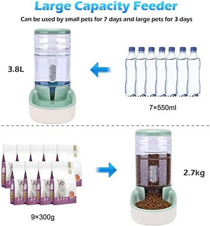 Kacoomi Automatic Dog Cat Feeder and Water Dispenser Gravity Food Feeder and Waterer Set with Pet Food Bowl for Small Medium Dog Puppy Kitten, Large Capacity 1 Gallon x 2