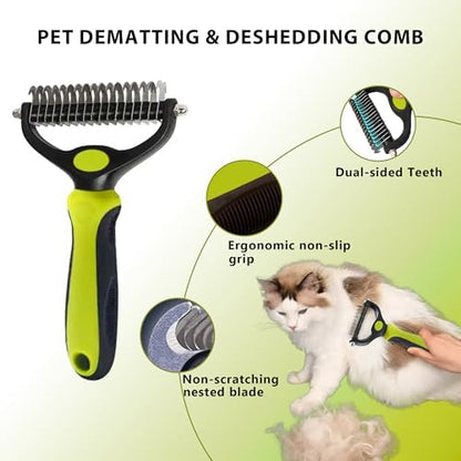 Cat Grooming Brush Kit 6 Tools - Deshedding & Dematting for Long/Short Hair, Self-Cleaning Slicker Brush with 6-in-1 Flea Comb for Cats & Kittens (Green)