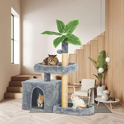 31.5inch Small Cat Tree Tower Condo for Indoor Cats, Soft Plush Multi-Level Climbing Tree Cat House with Cat Cave, Scratching Post, Sisal Rope, Grey