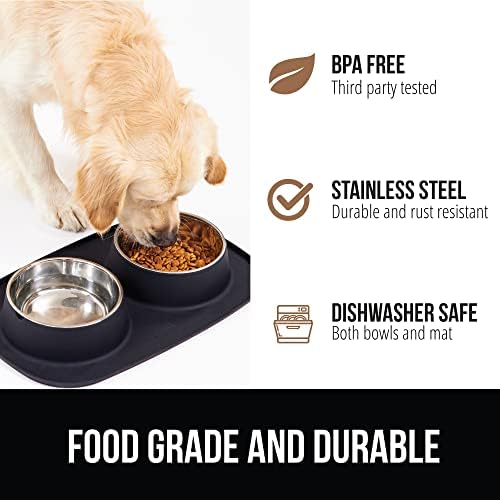GORILLA GRIP Dog Bowl Set with Feeding Mat, 304 Stainless Steel 4 Cup Black