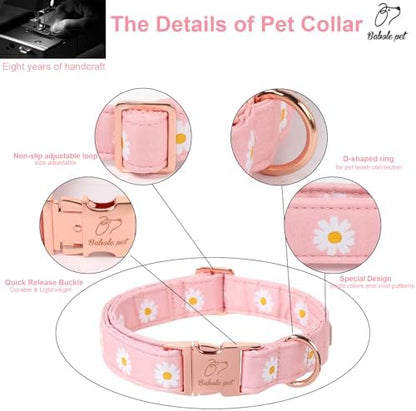Spring Dog Collar, Cute Pink Daisy Femal Pet Collar with Metal Buckle, Durable Adjustable Designer Dog Collars for Small Medium Large Dogs S