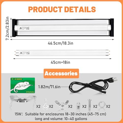 T8 10.0 UVB Reptile Light Fixture Kit 15W 18", with UV Sensor Card