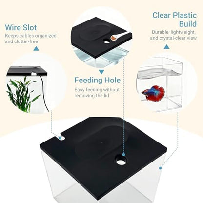 0.8-Gallon Cube Small Fish Tank, Shatterproof Plastic Fish Tank with LED Lighting, Temporary Fish Bowl for Fry, Isolation, Education & Decoration