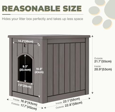 Cat Litter Box Enclosure, Enclosed Cat Litter Box Raised Floor, Openable Front Door Outdoor Cat House Weatherproof, Easy to Clean, Grey