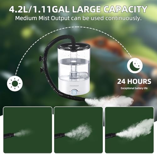 Coospider 4.2L Top Fill Reptile Humidifier, Fogger Mister for Reptiles Tank, Terrariums Humidifiers with Extended Hose/Tube, Reptile Misting System for Reptiles Amphibians Herps Vivarium