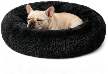 Calming Donut Dog Bed for Small Dogs, Anti-Anxiety Round Washable Plush Fluffy Faux Fur Large Cat Bed, 24 inches Fits up to 25 lbs Pets, Anti-Slip Waterproof Mute Base Black
