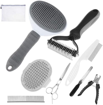 PAWCHIE Bath Grooming Kit for Pets, 9 PCS Hair Brush Set with Towel,Washing Gloves,Bath Brush and Adjustable Handle Shampoo Brush & Scrubber for Short Long Haired Dogs and Cats,Dog Bath Supplies, Grey