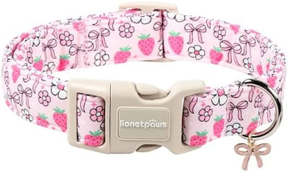 Lionet Paws Spring Dog Collar- Cute Strawberry Pink Dogs Collar with Plastic Buckle and Bowtie Pendant,Dog Collar for Medium Dogs