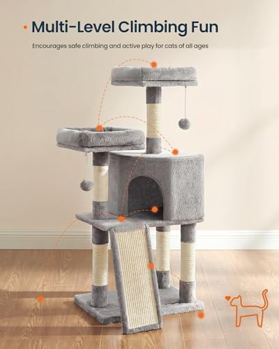 SONGMICS HOME Cat Tree, Cat Tower with Cat Cave, Scratching Ramp, Sisal Scratching Posts, Multi-Level Cat Condo for Indoor Cats, Light Gray
