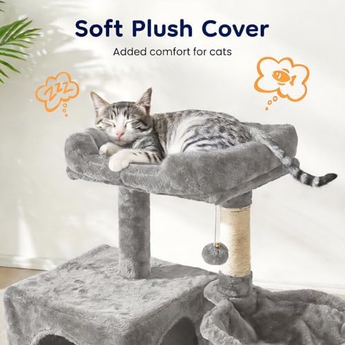 Fansafurn Cat Tree Tower for Indoor Cats, 36-inch Adult Cat Tree House for Large Adult Cats with Steps, Scratching Post, 2 Cat Condo, Dangling Toys, Light Grey