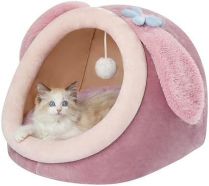 Jiupety Cute Cat Bed for Indoor, Cats Warm Soft Cave Fit for 6-10 lb Cat, Pink Rabbit, M