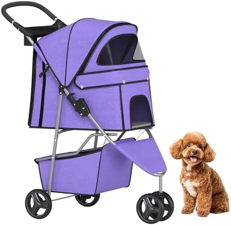 BestPet | 3-Wheel Pet Stroller | Purple | Foldable Dog and Cat Stroller