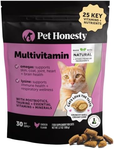 Cat Multivitamin Crunchy Creamy Chews - Daily Cat Vitamins with Lysine, Prebiotics, Omega 3 Fish Oil - Cat Treats for Immune Support, Skin Coat, Digestion, Heart + Joint Health (30-Day Supply)