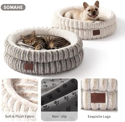 SOMAHE Cat Bed for Indoor Cats, Washable Round Plush, 20x20 Cream