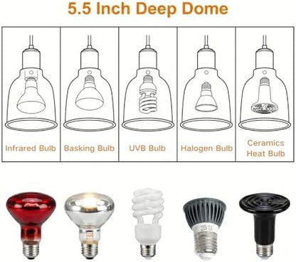 Reptile Light Fixture, 5.5 Inch Deep Dome Light Fixture for UVA/UVB Heat Lamp, Reptile Heat Basking Bulb, Optical Reflection Heat Lamp Fixture Cover for Reptile Glass Tank Terrariums