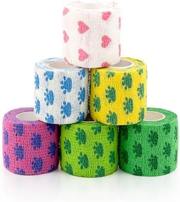 Vet Wrap Cohesive Bandages, Self-Adhesive Bandage Wrap, Breathable Non-Woven Self Adherent Tape for Pet Dog Leg Paw Wound, Horse, Cat, First Aid & Ankle Sprain, 2 Inch, 6 Rolls