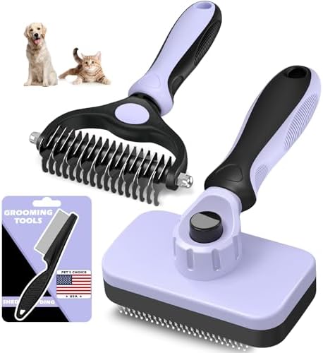Professional 3PCS Self Cleaning Slicker Brush & Pet Grooming Rake & Flea Comb for Dogs,Cats and Horses | Double-Sided Dematting Comb & Skin Friendly Deshedding Grooming Tool (Light Purple)