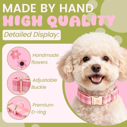 Elegant little tail Dog Collar with Flower, Pink Gingham Flower Girl Pet Collars for Female Dogs Plaid Pet Adjustable Puppy Collars with Flowers for Small Medium Large Dogs