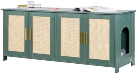 VEVOR Cat Litter Box Enclosure for Multi Cats, 47.2 in Hidden Litter Box Cabinet with 4 Rattan Doors & 2 Entries, Indoor Cat Washroom, Wooden Kitty House Furniture, Fit Most Litterboxes, Green