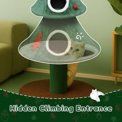 COMHOMA Christmas Cat Tree with 2 Cozy Houses,52" Holiday Cat Tower with Anti-Tip Safety,Festive Indoor Cat Climbing Furniture with Dangling Balls,Cat House and Climbing Tower for Kittens