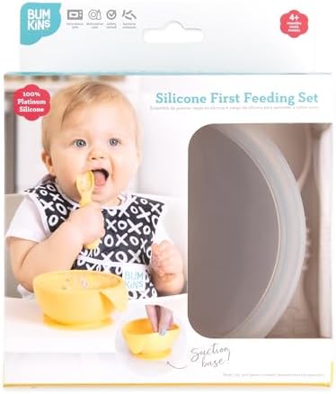 Bumkins Feeding Set with Suction, Includes Spoon and Lid, Training Essentials for Baby-Led Weaning, Toddler Self-Feeding, Babies Eating at 4 Mos Up, Beige