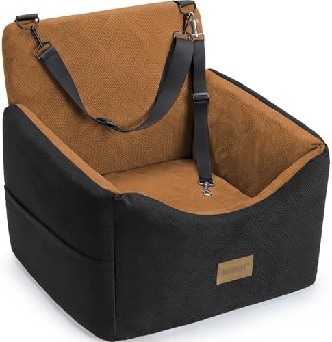 JOEJOY Dog Car Seats for Small Medium Dogs Under 35lbs, Dog Booster Seat with Detachable Washable Cover and Cushion, Memory Foam Pet Car Seat with Safety Belt and Storage Pockets (Brown)