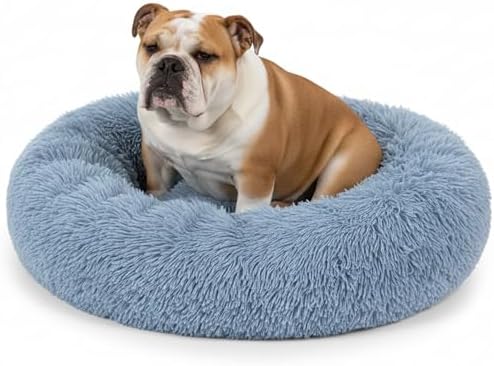 PetAmi Calming Donut Dog Bed, Washable Faux Fur, 30 Inch Medium, Blue