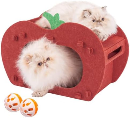 Cat Cave Bed for Indoor Cats, Red Apple Cat Hideaway House, with Perch&Toys