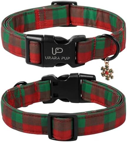 Christmas Dog Collar, Red and Green Plaid Adjustable Pet Collar with Snowflake Charm, Holiday Dog Accessories for Small Medium Large Dogs