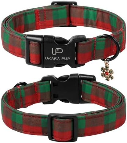 Christmas Dog Collar, Red and Green Plaid Adjustable Pet Collar with Snowflake Charm, Holiday Dog Accessories for Small Medium Large Dogs