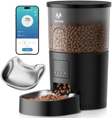 IMIPAW Automatic Cat Feeder, 5G WiFi Food Dispenser with APP Remote Control, Pet Dry Food Smart Feeder, Programmable Timed Feeding, Dual Power Supply, 1-10 Meals, Desiccant Bag, Stainless Steel Bowl